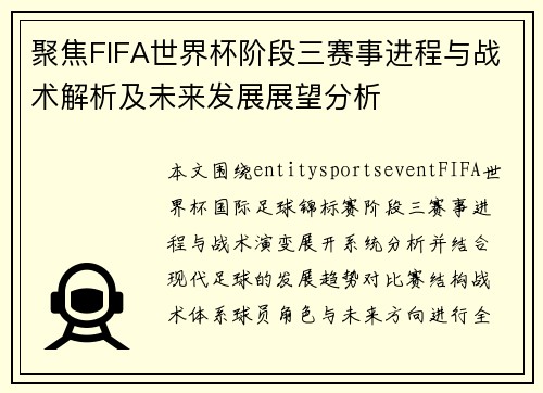 聚焦FIFA世界杯阶段三赛事进程与战术解析及未来发展展望分析